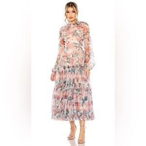 MAC DUGGAL — LONG SLEEVE HIGH NECK LONG BALLOON SLEEVE MIDI DRESS